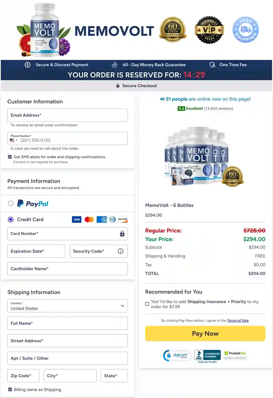 MemoVolt secure order page with accepted payment methods
