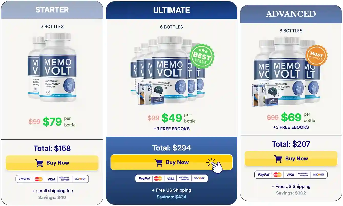 MemoVolt pricing packages — 2, 3 and 6 bottle options